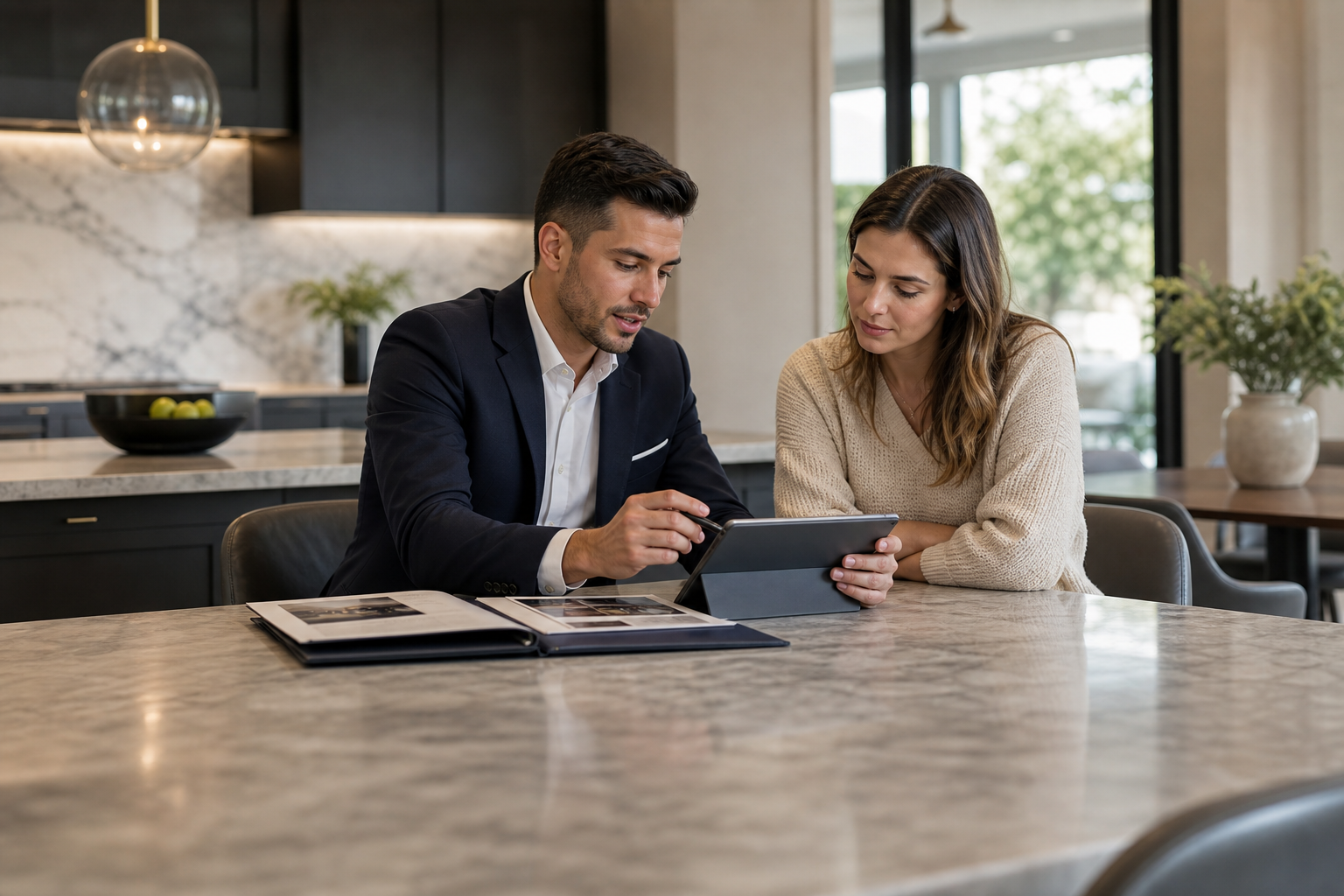 Seller strategy conversation in a bright kitchen